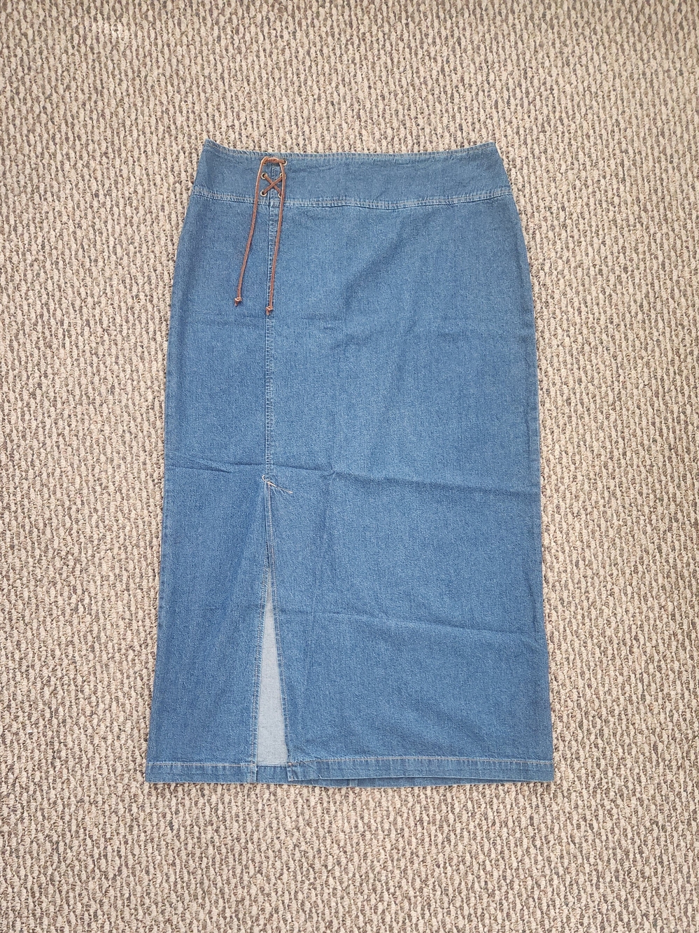 Blue Denim Maxi Skirt with Front Slit and Lace-Up Waist
